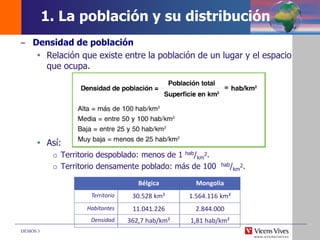 DEMOS 3
– Densidad de población
 Relación que existe entre la población de un lugar y el espacio
que ocupa.
 Así:
o Territorio despoblado: menos de 1 hab/km
2.
o Territorio densamente poblado: más de 100 hab/km
2.
1. La población y su distribución
Bélgica Mongolia
Territorio 30.528 km² 1.564.116 km²
Habitantes 11.041.226 2.844.000
Densidad 362,7 hab/km² 1,81 hab/km²
 