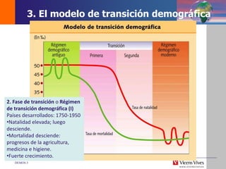 DEMOS 3
2. Fase de transición o Régimen
de transición demográfica (I)
Países desarrollados: 1750-1950
•Natalidad elevada; luego
desciende.
•Mortalidad desciende:
progresos de la agricultura,
medicina e higiene.
•Fuerte crecimiento.
3. El modelo de transición demográfica
 