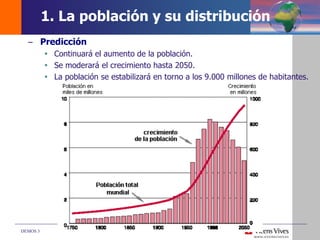 DEMOS 3
– Predicción
 Continuará el aumento de la población.
 Se moderará el crecimiento hasta 2050.
 La población se estabilizará en torno a los 9.000 millones de habitantes.
1. La población y su distribución
 