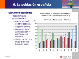 DEMOS 3
– Estructura económica
 Predominio del
sector terciario.
o Recibe población
de otros sectores.
o Auge del turismo.
o Desarrollo de la
administración y
del Estado del
Bienestar.
o Incorporación de la
mujer al trabajo
fuera del hogar.
6. La población española
 