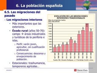 DEMOS 3
6.5. Las migraciones del
pasado
– Las migraciones interiores
 Más importantes que las
exteriores.
 Éxodo rural (años 50-70):
campo  áreas industriales
y turísticas de la periferia e
islas.
o Perfil: varón joven,
agricultor, sin cualificación
profesional.
o Consecuencias: descenso y
envejecimiento de
población.
• Estacionales: trashumancia,
temporeros agrícolas…
6. La población española
 