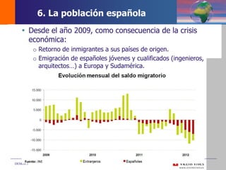 DEMOS 3
 Desde el año 2009, como consecuencia de la crisis
económica:
o Retorno de inmigrantes a sus países de origen.
o Emigración de españoles jóvenes y cualificados (ingenieros,
arquitectos…) a Europa y Sudamérica.
6. La población española
 