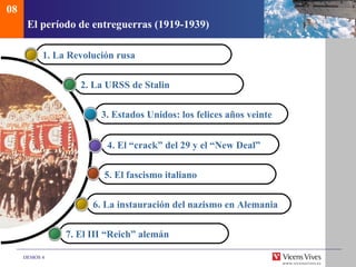 08
      El período de entreguerras (1919-1939)

           1. La Revolución rusa


                   2. La URSS de Stalin


                        3. Estados Unidos: los felices años veinte


                         4. El “crack” del 29 y el “New Deal”


                         5. El fascismo italiano


                      6. La instauración del nazismo en Alemania


                7. El III “Reich” alemán

     DEMOS 4
 