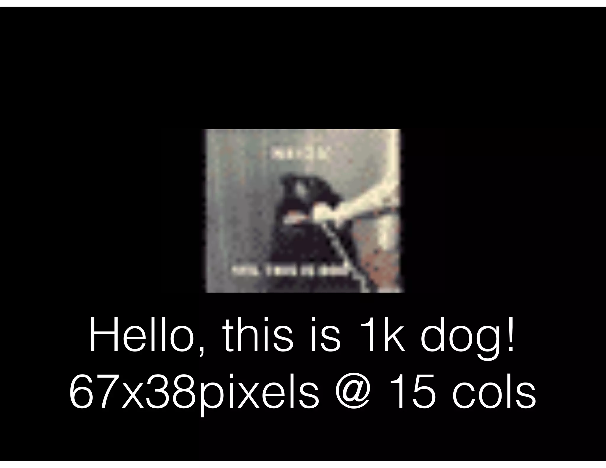 Hello, this is 1k dog!
67x38pixels @ 15 cols
 