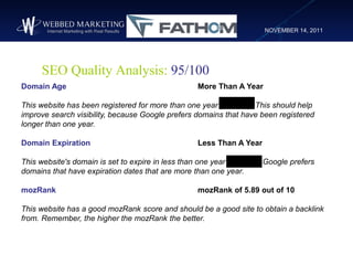 NOVEMBER 14, 2011




      SEO Quality Analysis: 95/100
Domain Age                                          More Than A Y...