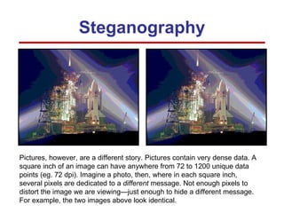Steganography Pictures, however, are a different story. Pictures contain very dense data. A square inch of an image can have anywhere from 72 to 1200 unique data points (eg. 72 dpi). Imagine a photo, then, where in each square inch, several pixels are dedicated to a  different  message. Not enough pixels to distort the image we are viewing—just enough to hide a different message. For example, the two images above look identical. 