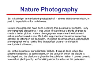 So, is it all right to manipulate photographs? It seems that it comes down, in part, to expectations for truthfulness. Nature photographers have been debating this question for decades. Early photographers argued that it was unfair to even move a blade of grass to create a better picture. Nature photographers were meant to document nature  as it occurred in real life . Later, arguments arose about correcting contrast or lighting in the darkroom. The basic belief was that a  good  nature photographer works hard to find that perfect picture—and doesn’t manipulate it afterward. So, in the instance of our polar bear picture, it was all done in fun. Our judgment depends, to some extent, on the venue in which the picture is displayed, and the disclosure given by the publisher. When it comes down to true nature photography, we’re talking about the  ethics  of the profession. Nature Photography 