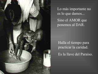 Lo más importante no es lo que damos... Sino el AMOR que ponemos al DAR.   Halla el tiempo para practicar la caridad. Es la llave del Paraíso. 