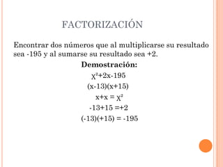 FACTORIZACIÓN
Encontrar dos números que al multiplicarse su resultado
sea -195 y al sumarse su resultado sea +2.
Demostración:
χ²+2x-195
(x-13)(x+15)
x+x = χ²
-13+15 =+2
(-13)(+15) = -195
 