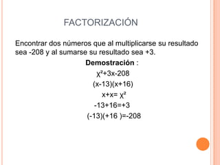 FACTORIZACIÓN
Encontrar dos números que al multiplicarse su resultado
sea -208 y al sumarse su resultado sea +3.
Demostración :
χ²+3x-208
(x-13)(x+16)
x+x= χ²
-13+16=+3
(-13)(+16 )=-208
 