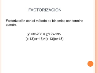 FACTORIZACIÓN
Factorización con el método de binomios con termino
común.
χ²+3x-208 = χ²+2x-195
(x-13)(x+16)=(x-13)(x+15)
 