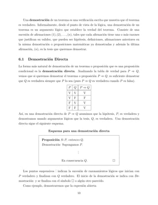 Una demostraci´n de un teorema es una veriﬁcaci´n escrita que muestra que el teorema
o
o
es verdadero. Informalmente, desde el punto de vista de la l´gica, una demostraci´n de un
o
o
teorema es un argumento l´gico que establece la verdad del teorema. Consiste de una
o
sucesi´n de aﬁrmaciones (1), (2), . . . , (n), tales que cada aﬁrmaci´n tiene una o m´s razones
o
o
a
que justiﬁcan su validez, que pueden ser hip´tesis, deﬁniciones, aﬁrmaciones anteriores en
o
la misma demostraci´n o proposiciones matem´ticas ya demostradas y adem´s la ultima
o
a
a
´
aﬁrmaci´n, (n), es la tesis que queremos demostrar.
o

6.1

Demostraci´n Directa
o

La forma m´s natural de demostraci´n de un teorema o proposici´n que es una proposici´n
a
o
o
o
condicional es la demostraci´n directa. Analizando la tabla de verdad para P ⇒ Q,
o
vemos que si queremos demostrar el teorema o proposici´n P ⇒ Q, es suﬁciente demostrar
o
que Q es verdadera siempre que P lo sea (pues P ⇒ Q es verdadera cuando P es falsa).
P

Q

P ⇒Q

V

V

V

V

F

F

F

V

V

F

F

V

As´ en una demostraci´n directa de P ⇒ Q asumimos que la hip´tesis, P, es verdadera y
ı,
o
o
demostramos usando argumentos l´gicos que la tesis, Q, es verdadera. Una demostraci´n
o
o
directa sigue el siguiente esquema.
Esquema para una demostraci´n directa
o
Proposici´n Si P, entonces Q.
o
Demostraci´n: Supongamos P.
o
.
.
.
En consecuencia Q.
.
Los puntos suspensivos . indican la sucesi´n de razonamientos l´gicos que inician con
.
o
o
P verdadero y ﬁnalizan con Q verdadero. El inicio de la demostraci´n se indica con Deo
mostraci´n: y se ﬁnaliza con el s´
o
ımbolo

o alg´n otro parecido.
u

Como ejemplo, demostraremos que la expresi´n abierta
o
10

 