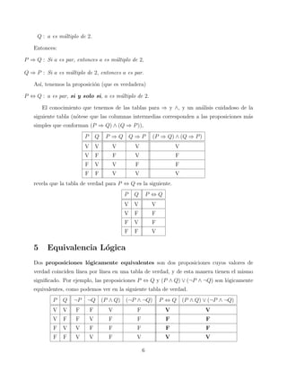 Q : a es m´ltiplo de 2.
u
Entonces:
P ⇒ Q : Si a es par, entonces a es m´ltiplo de 2,
u
Q ⇒ P : Si a es m´ltiplo de 2, entonces a es par.
u
As´ tenemos la proposici´n (que es verdadera)
ı,
o
P ⇔ Q : a es par, si y solo si, a es m´ltiplo de 2.
u
El conocimiento que tenemos de las tablas para ⇒ y ∧, y un an´lisis cuidadoso de la
a
siguiente tabla (n´tese que las columnas intermedias corresponden a las proposiciones m´s
o
a
simples que conforman (P ⇒ Q) ∧ (Q ⇒ P )),
P ⇒Q Q⇒P

(P ⇒ Q) ∧ (Q ⇒ P )

P

Q

V

V

V

V

V

V

F

F

V

F

F

V

V

F

F

F

F

V

V

V

revela que la tabla de verdad para P ⇔ Q es la siguiente.
P

P ⇔Q

V

V

V

V

F

F

F

V

F

F

5

Q

F

V

Equivalencia L´gica
o

Dos proposiciones l´gicamente equivalentes son dos proposiciones cuyos valores de
o
verdad coinciden l´
ınea por l´
ınea en una tabla de verdad, y de esta manera tienen el mismo
signiﬁcado. Por ejemplo, las proposiciones P ⇔ Q y (P ∧ Q) ∨ (¬P ∧ ¬Q) son l´gicamente
o
equivalentes, como podemos ver en la siguiente tabla de verdad.
P

Q

¬P

¬Q

(P ∧ Q) (¬P ∧ ¬Q)

V

V

F

F

V

F

V

V

V

F

F

V

F

F

F

F

F

V

V

F

F

F

F

F

F

F

V

V

F

V

V

V

6

P ⇔ Q (P ∧ Q) ∨ (¬P ∧ ¬Q)

 