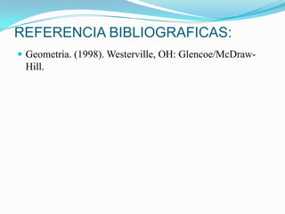 REFERENCIA BIBLIOGRAFICAS:
 Geometria. (1998). Westerville, OH: Glencoe/McDraw-
 Hill.
 