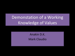 Demonstation of a Working 
Knowledge of Values 
Anakin D.K. 
Mark Claudio 
 