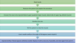 Aspirate briefly, if blood appears withdraw needle. Replace it with a new one, if possible, and start again from point 4.
Insert needle swiftly at the angle of 90 degrees (watch depth!)
Tell the patient to relax the muscle
Disinfect the skin
Uncover the area to be injected (lateral upper quadrant major muscle, lateral side of upper leg, deltoid muscle)
Reassure the patient and explain the procedure
Wash hands
 