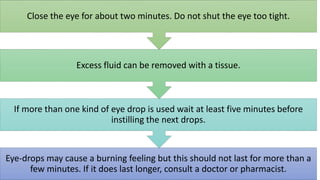 Eye-drops may cause a burning feeling but this should not last for more than a
few minutes. If it does last longer, consult a doctor or pharmacist.
If more than one kind of eye drop is used wait at least five minutes before
instilling the next drops.
Excess fluid can be removed with a tissue.
Close the eye for about two minutes. Do not shut the eye too tight.
 