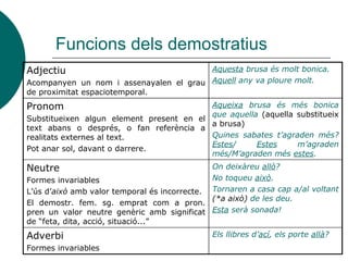 Funcions dels demostratius
Adjectiu
Acompanyen un nom i assenayalen el grau
de proximitat espaciotemporal.
Aquesta brusa és molt bonica.
Aquell any va ploure molt.
Pronom
Substitueixen algun element present en el
text abans o després, o fan referència a
realitats externes al text.
Pot anar sol, davant o darrere.
Aqueixa brusa és més bonica
que aquella (aquella substitueix
a brusa)
Quines sabates t’agraden més?
Estes/ Estes m’agraden
més/M’agraden més estes.
Neutre
Formes invariables
L’ús d’això amb valor temporal és incorrecte.
El demostr. fem. sg. emprat com a pron.
pren un valor neutre genèric amb significat
de “feta, dita, acció, situació...”
On deixàreu allò?
No toqueu això.
Tornaren a casa cap a/al voltant
(*a això) de les deu.
Esta serà sonada!
Adverbi
Formes invariables
Els llibres d’ací, els porte allà?
 