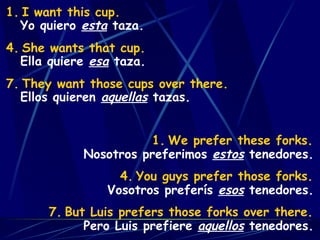 I want this cup. She wants that cup. They want those cups over there. Yo quiero  esta  taza. Ella quiere  esa  taza. Ellos quieren  aquellas  tazas. We prefer these forks. You guys prefer those forks. But Luis prefers those forks over there. Nosotros preferimos  estos  tenedores. Vosotros preferís  esos  tenedores. Pero Luis prefiere  aquellos  tenedores. 
