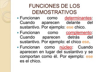 FUNCIONES DE LOS
       DEMOSTRATIVOS
 Funcionan      como    determinantes:
  Cuando       aparecen    delante    del
  ...