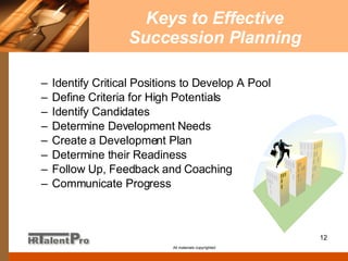 Keys to Effective Succession Planning Identify Critical Positions to Develop A Pool Define Criteria for High Potentials Identify Candidates Determine Development Needs Create a Development Plan  Determine their Readiness Follow Up, Feedback and Coaching Communicate Progress All materials copyrighted 