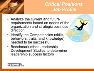 Critical Positions  Job Profile Analyze the current and future requirements based on needs of the organization and strategic business direction Identify the Competencies (skills, behaviors, traits, and knowledge) needed to be successful Benchmark other Leadership Development Studies to determine leadership success factors 