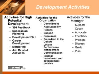 Development Activities Activities for High Potential Development 360 Feedback Succession Planning Development Plan Career Development Mentoring Job Related Activities Activities for the Organization Commitment Accountability Results Support Resources Embedded in the Culture Link to Performance Management Communication Internal recruitment and advancement policies Activities for the Manager Support Coach Advocate Feedback Promote Discuss Guide Plan 