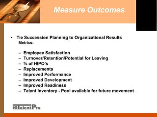 Measure Outcomes Tie Succession Planning to Organizational Results Metrics:  Employee Satisfaction Turnover/Retention/Potential for Leaving % of HIPO’s  Replacements Improved Performance Improved Development Improved Readiness Talent Inventory - Pool available for future movement 
