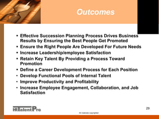 Outcomes Effective Succession Planning Process Drives Business Results by Ensuring the Best People Get Promoted Ensure the Right People Are Developed For Future Needs Increase Leadership/employee Satisfaction Retain Key Talent By Providing a Process Toward Promotion Define a Career Development Process for Each Position Develop Functional Pools of Internal Talent Improve Productivity and Profitability Increase Employee Engagement, Collaboration, and Job Satisfaction All materials copyrighted 