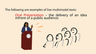 Oral Presentation – the delivery of an idea
infront of a public audience.
The following are examples of live multimodal texts:
 