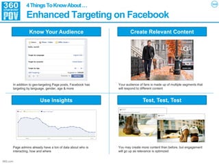 4 Things To Know About …
                Enhanced Targeting on Facebook
                  Know Your Audience                                   Create Relevant Content




       In addition to geo-targeting Page posts, Facebook has   Your audience of fans is made up of multiple segments that
       targeting by language, gender, age & more               will respond to different content


                         Use Insights                                          Test, Test, Test




       Page admins already have a ton of data about who is     You may create more content than before, but engagement
       interacting, how and where                              will go up as relevance is optimized


360i.com
 