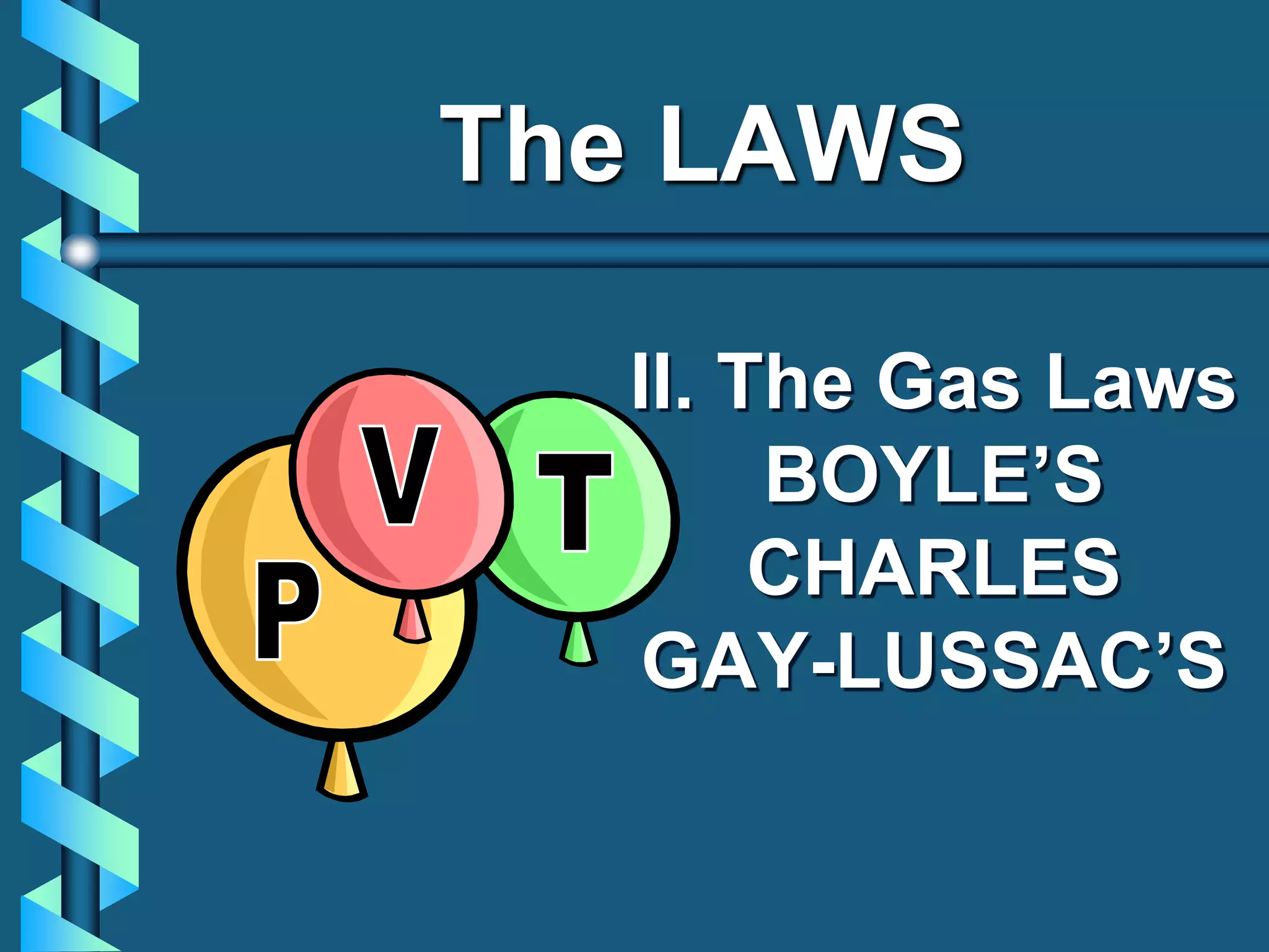 II. The Gas Laws
BOYLE’S
CHARLES
GAY-LUSSAC’S
The LAWS
 