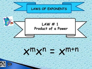 LAWS OF EXPONENTS
LAW # 5
Negative Exponent
x-1 = 1/x
 