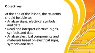Objectives.
At the end of the lesson, the students
should be able to:
• Analyze signs, electrical symbols
and data
• Read and interpret electrical signs,
symbols and data
• Analyze electrical components and
materials based on electrical signs,
symbols and data
 