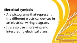 Electrical symbols
- Are pictograms that represent
the different electrical devices in
an electrical wiring diagram.
- It is also use in drawing and
interpreting electrical plans
 