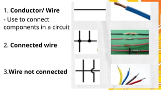 1. Conductor/ Wire
- Use to connect
components in a circuit
2. Connected wire
3.Wire not connected
 