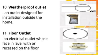 10. Weatherproof outlet
- an outlet designed for
installation outside the
home.
11. Floor Outlet
-an electrical outlet whose
face in level with or
recessed on the floor
 