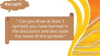 Recap!!!
” Can you draw at least 3
symbols you have learned in
the discussion and also state
the name of the symbols.”
 