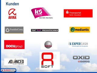 Anerkennung von der Community: 2 x Project oftheMonthaward auf SugarForgeKreative DNA: Über 40 Sugar Erweiterungen seit dem Jahr 2005Vetrauenswürdiger Partner: Wir sind Partner von SugarCRM, Talend, Dimdim, Zarafa, OXID eSalesHighlights