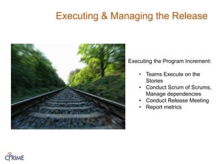 Executing & Managing the Release
Executing the Program Increment:
• Teams Execute on the
Stories
• Conduct Scrum of Scrums,
Manage dependencies
• Conduct Release Meeting
• Report metrics
 
