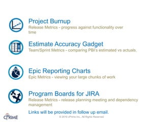 © 2016 cPrime Inc., All Rights Reserved
Project Burnup
Release Metrics - progress against functionality over
time
Estimate Accuracy Gadget
Team/Sprint Metrics - comparing PBI’s estimated vs actuals.
Epic Reporting Charts
Epic Metrics - viewing your large chunks of work
Program Boards for JIRA
Release Metrics - release planning meeting and dependency
management
Links will be provided in follow up email.
 