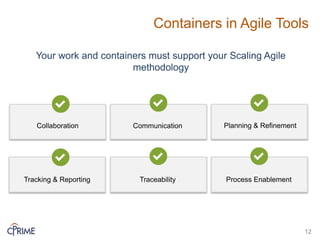 Containers in Agile Tools
Collaboration Communication Planning & Refinement
Tracking & Reporting Traceability Process Enablement
Your work and containers must support your Scaling Agile
methodology
12
 