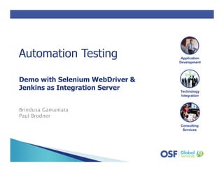 Consulting
Services
Application
Development
Technology
Integration
Demo with Selenium WebDriver &
Jenkins as Integration Server
Brindusa Gamaniata
Paul Brodner
 
