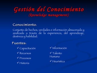 Gestión del Conocimiento (knowledge management) Conocimiento :  Conjunto de hechos, verdades e información almacenada y analizada a través de la experiencia, del aprendizaje, destreza y habilidad. Fuentes :  Capacitación Recursos Procesos Historia Información Talento Humano Heurística 