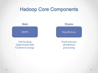 Hadoop Core Components

     Store             Process


     HDFS           Map/Reduce



  Self-healing      Fault-tolerant
High-bandwidth       distributed
Clustered storage    processing
 