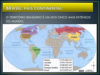 O TERRITÓRIO BRASILEIRO É UM DOS CINCO MAIS EXTENSOS
DO MUNDO:
 