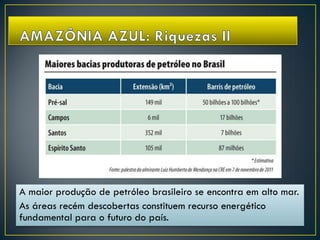 A maior produção de petróleo brasileiro se encontra em alto mar.
As áreas recém descobertas constituem recurso energético
fundamental para o futuro do país.
 