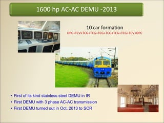 10 car formation
DPC+TCV+TCG+TCG+TCG+TCG+TCG+TCG+TCV+DPC
• First of its kind stainless steel DEMU in IR
• First DEMU with 3 phase AC-AC transmission
• First DEMU turned out in Oct. 2013 to SCR
1600 hp AC-AC DEMU -2013
 