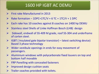 1600 HP IGBT AC DEMU
➢ First rake Manufactured in 2013
➢ Rake formation – 1DPC+1TC/V + 6 TC + 1TC/V + 1 DPC
➢ Each rake has 10 coaches against 8 coaches on 1400 hp DEMU
➢ Stainless steel Shells of Linke Hoffman Bosch (LHB) design
➢ Sidewall, endwall of SS-409 M grade, roof SS-304 and underframe
of corten steel.
➢ IGBT ( Insulated gate bipolar transistor) – latest switching device)
Based 3 phase technology
➢ Wider vestibule openings in ends for easy movement of
passengers.
➢ Aluminium windows with polycarbonate fixed louvers on top and
bottom half movable
➢ FRP Panelling with concealed fasteners
➢ Improved design cushion seats
➢ Trailer coaches provided with toilets.
 