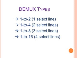 DEMUX TYPES

 1-to-2 (1 select line)
 1-to-4 (2 select lines)
 1-to-8 (3 select lines)
 1-to-16 (4 select lines)
 